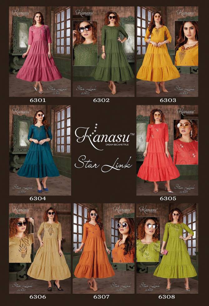 Kanasu Star Link Rayon Designer Ethnic Wear Anarkali Long Kurti Collection
